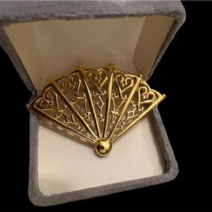 Anne Klein Gold Tone Fan Brooch Scrolled Openwork EUC
